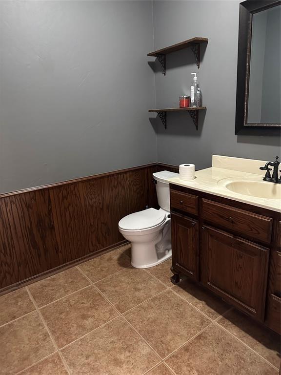 bathroom featuring vanity, wooden walls, and toilet