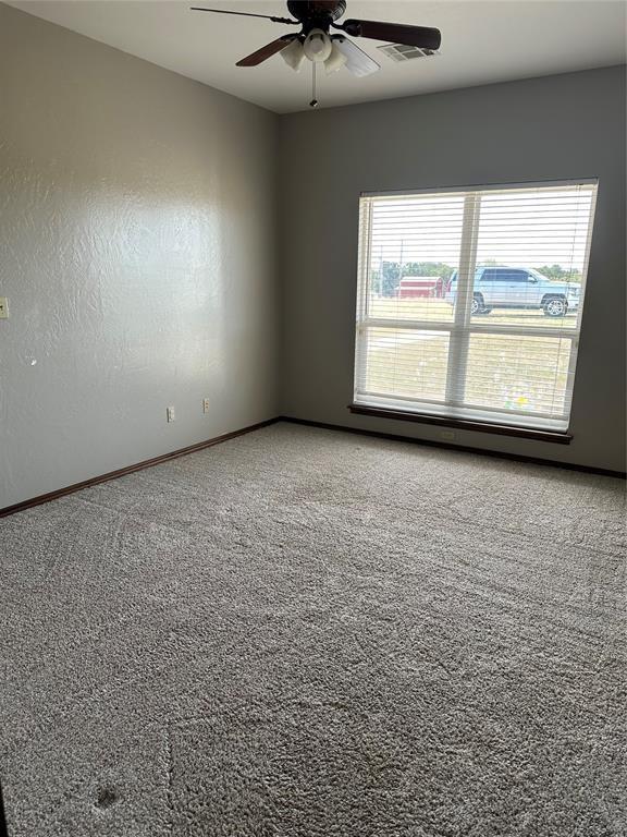 carpeted spare room with plenty of natural light and ceiling fan