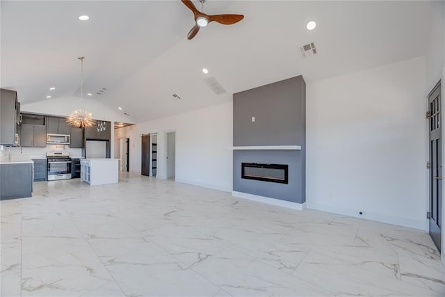 unfurnished living room with lofted ceiling and ceiling fan