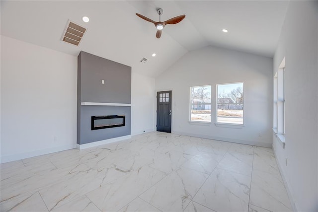 unfurnished living room featuring high vaulted ceiling, built in features, and ceiling fan