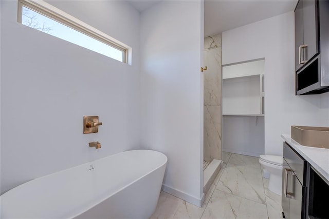 full bathroom with vanity, a wealth of natural light, toilet, and separate shower and tub