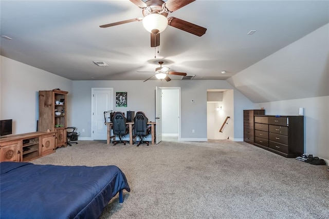 bedroom with light carpet, lofted ceiling, and ceiling fan