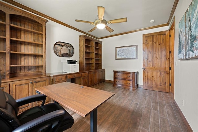 home office with dark wood-type flooring, ceiling fan, and ornamental molding