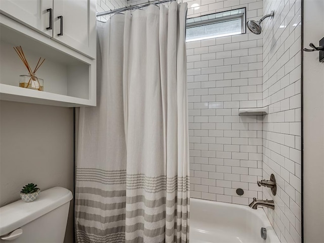 bathroom with toilet and shower / tub combo with curtain