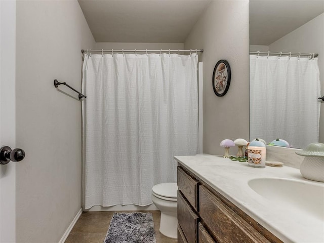 full bathroom featuring shower / bath combination with curtain, vanity, toilet, and tile patterned flooring