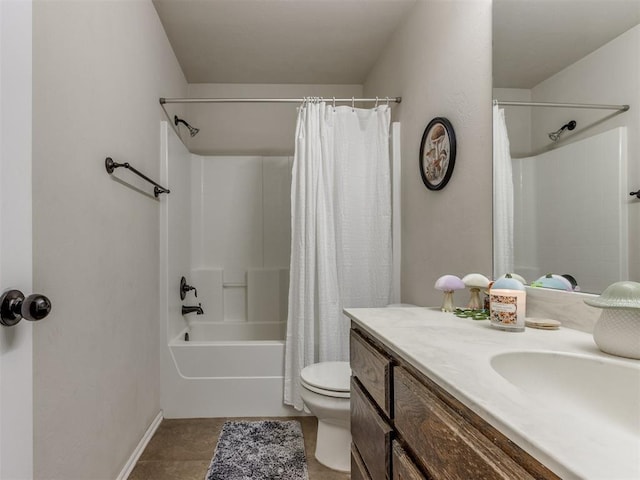 full bathroom with shower / tub combo with curtain, vanity, toilet, and tile patterned flooring