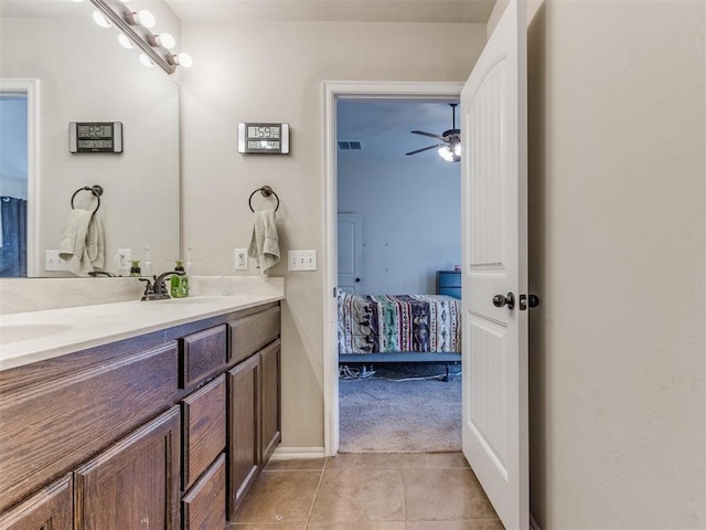 bathroom featuring tile patterned flooring, vanity, and ceiling fan