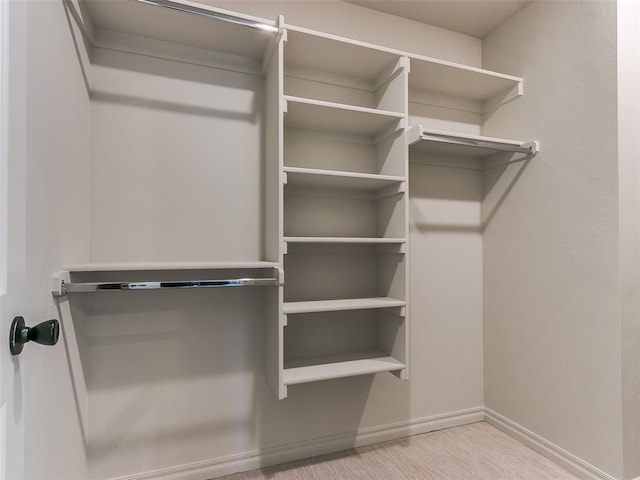 spacious closet featuring light carpet