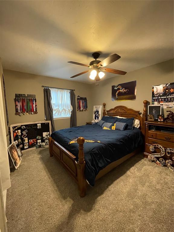 carpeted bedroom with ceiling fan