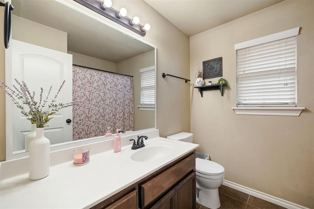 bathroom with vanity, tile patterned flooring, and toilet