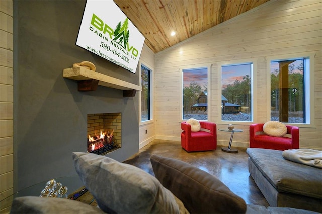 living room with lofted ceiling, wooden ceiling, and wooden walls