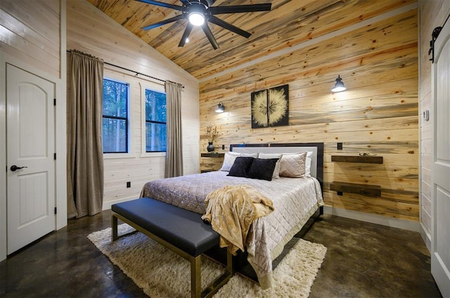 bedroom with wood ceiling, ceiling fan, wooden walls, and vaulted ceiling