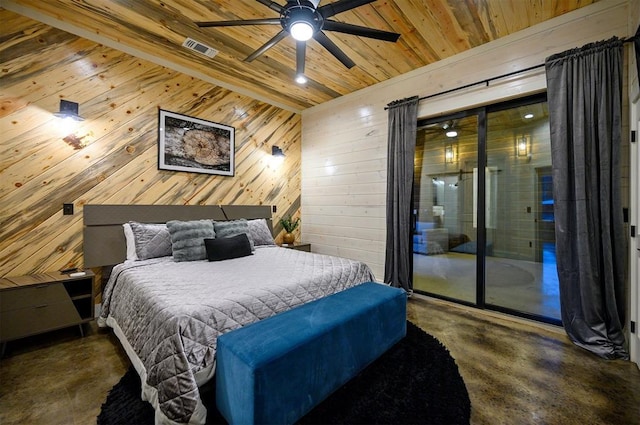 bedroom with access to exterior, wooden ceiling, ceiling fan, and wood walls