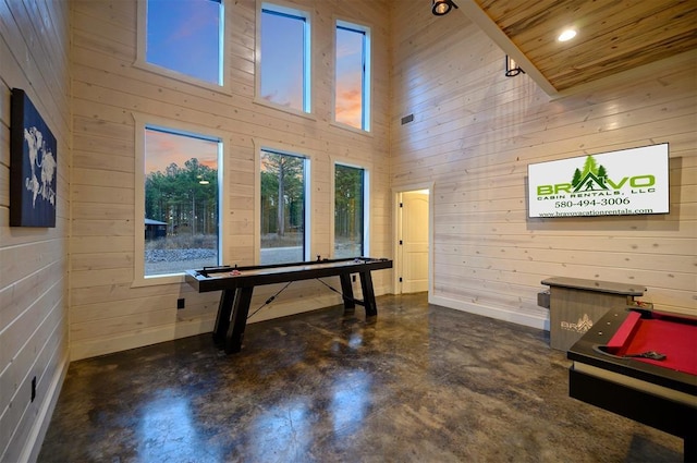 recreation room with wooden walls and a high ceiling