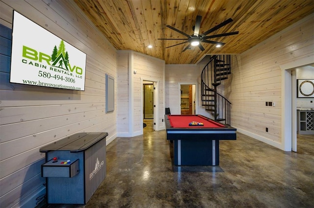 playroom with pool table, wooden walls, wooden ceiling, and ceiling fan