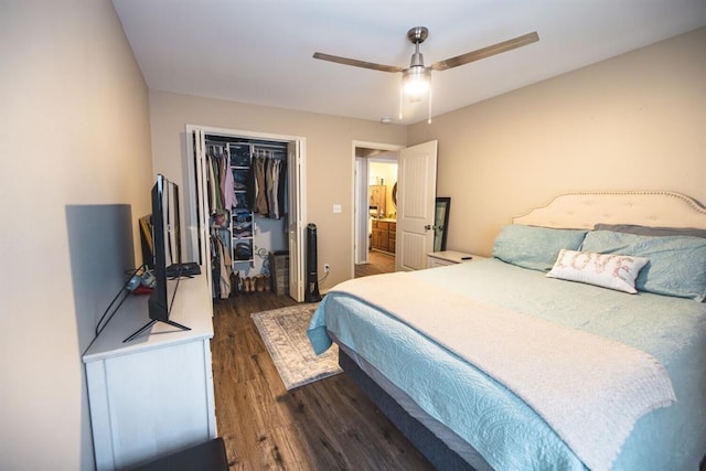 bedroom featuring dark wood-type flooring, ceiling fan, and a closet