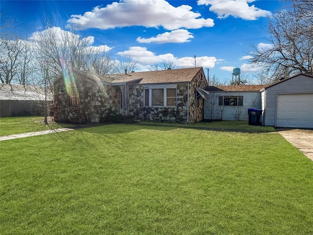 view of front of home with a garage, fence, stone siding, concrete driveway, and a front yard