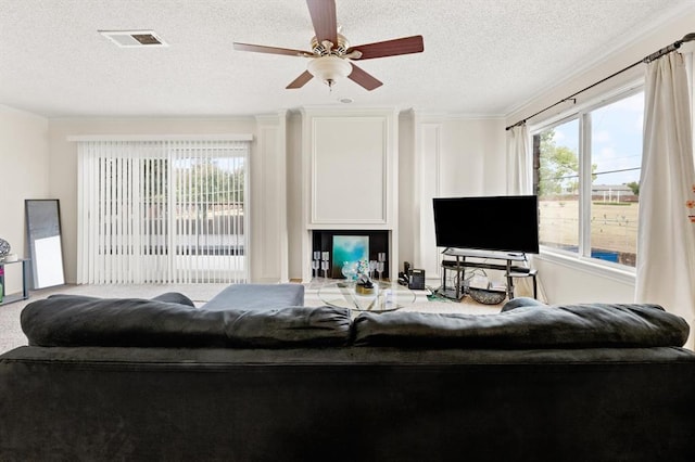 living room featuring ceiling fan, plenty of natural light, and a textured ceiling