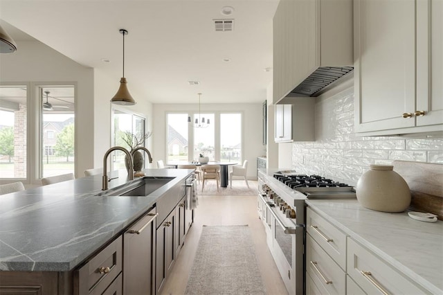 kitchen featuring a wealth of natural light, a sink, double oven range, visible vents, and wall chimney range hood