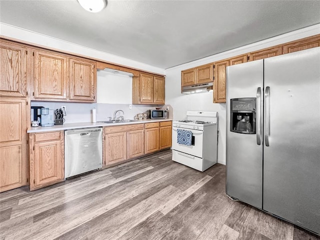 kitchen with hardwood / wood-style flooring, appliances with stainless steel finishes, and sink