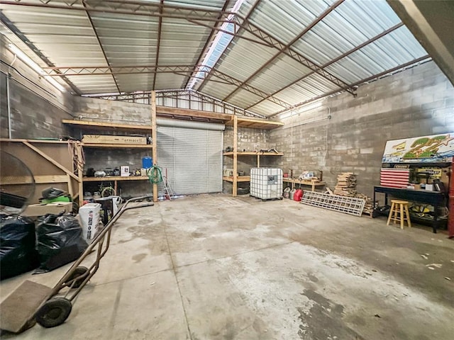 garage with a workshop area