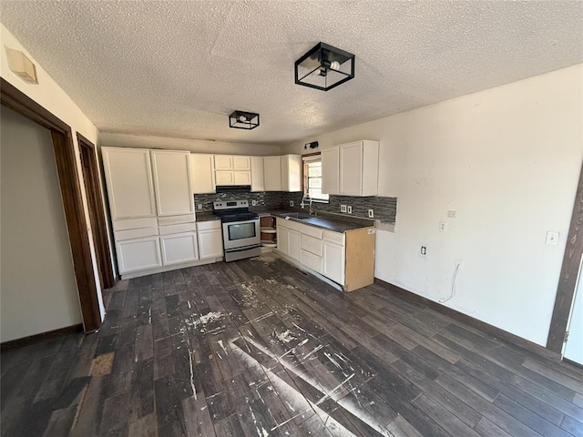 kitchen with dark hardwood / wood-style floors, sink, white cabinets, backsplash, and stainless steel electric range