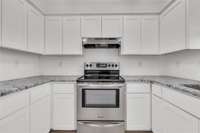 kitchen with white cabinetry, extractor fan, and stainless steel electric stove