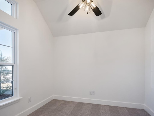 spare room featuring ceiling fan, lofted ceiling, and carpet flooring