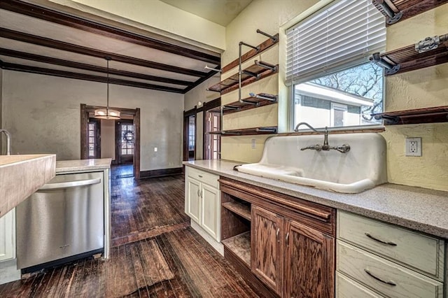 kitchen with hanging light fixtures, dishwasher, plenty of natural light, and dark hardwood / wood-style flooring