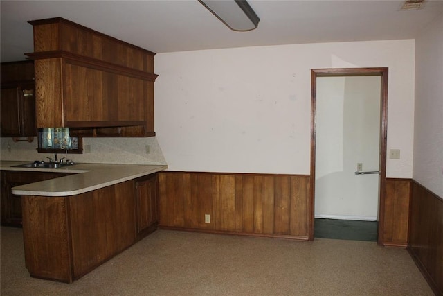 kitchen featuring sink, kitchen peninsula, and wood walls