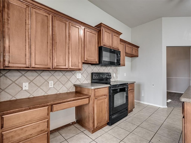 kitchen with backsplash, light tile patterned floors, and black appliances