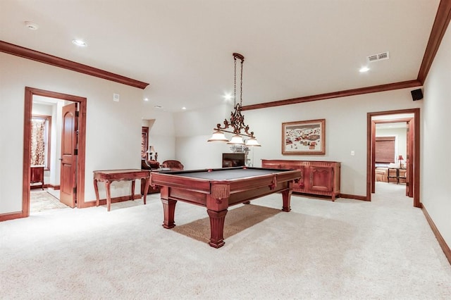 game room with crown molding, light colored carpet, and pool table