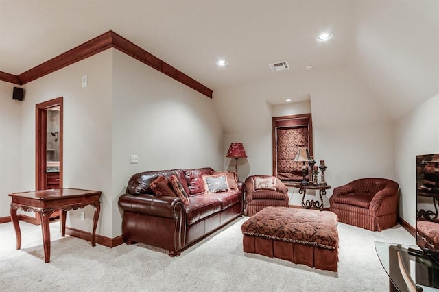 living room with lofted ceiling, ornamental molding, and light colored carpet