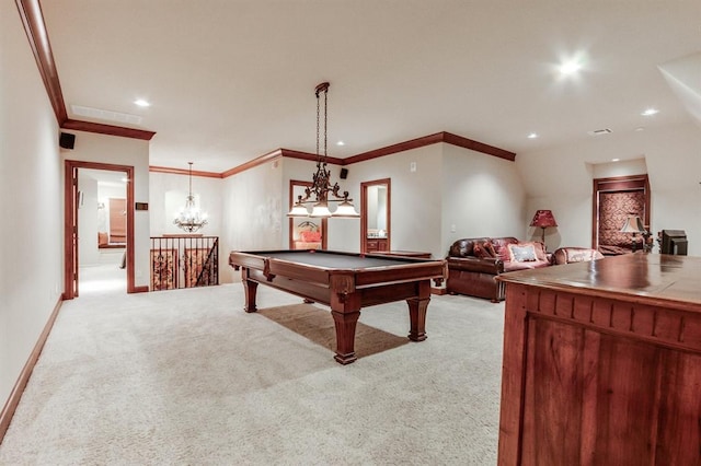 rec room with crown molding, light colored carpet, and pool table