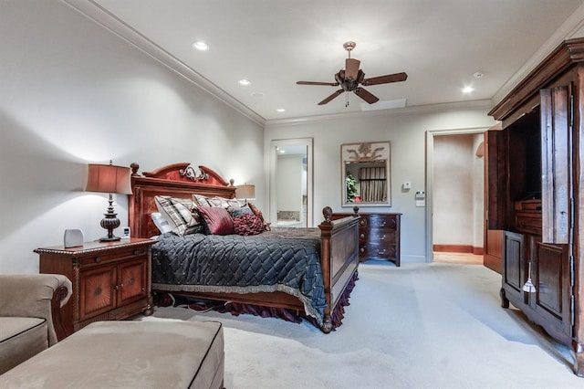 carpeted bedroom featuring crown molding and connected bathroom