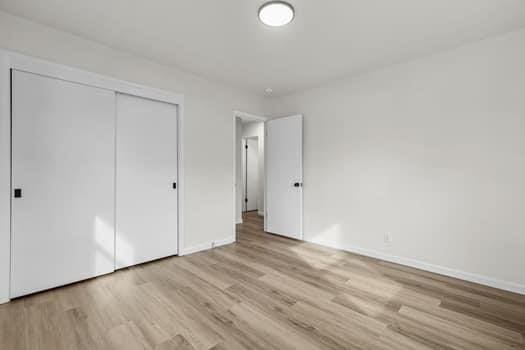 unfurnished bedroom featuring light wood-type flooring and a closet