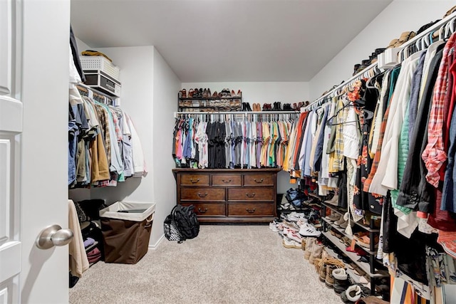 walk in closet featuring light carpet