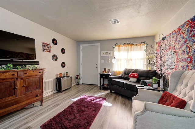 living room featuring light hardwood / wood-style flooring and a textured ceiling