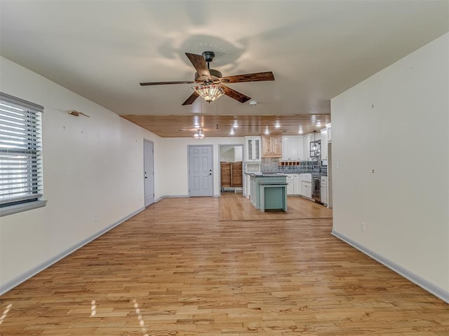 unfurnished living room with ceiling fan and light hardwood / wood-style floors