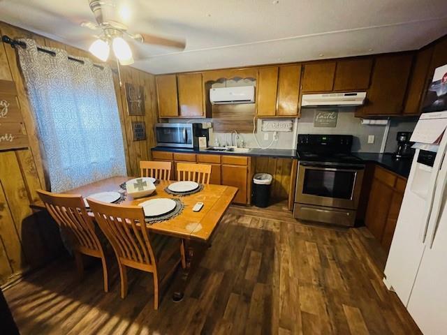 kitchen with a wall mounted air conditioner, sink, dark hardwood / wood-style flooring, ceiling fan, and stainless steel appliances