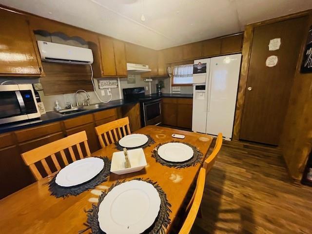 kitchen featuring a wall mounted air conditioner, sink, stainless steel appliances, and dark hardwood / wood-style floors