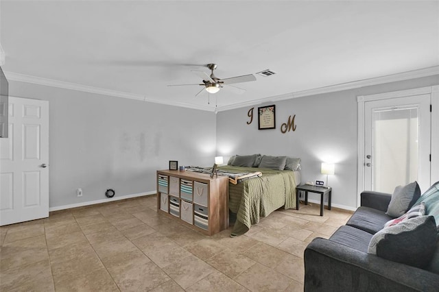 bedroom with crown molding and ceiling fan