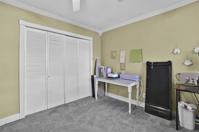 carpeted office space featuring ornamental molding