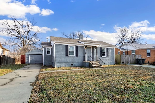 bungalow-style house featuring crawl space, driveway, fence, and brick siding