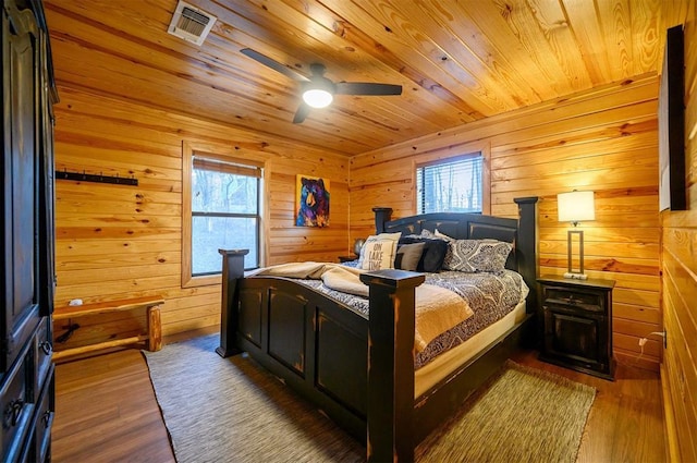 bedroom featuring dark wood-type flooring, ceiling fan, wood ceiling, and wooden walls