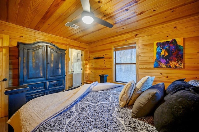 bedroom with ceiling fan, wood ceiling, and wood walls