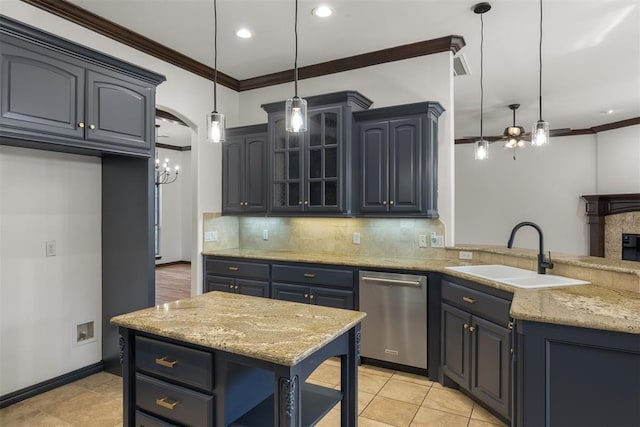 kitchen featuring dishwasher, sink, hanging light fixtures, a center island, and light stone counters
