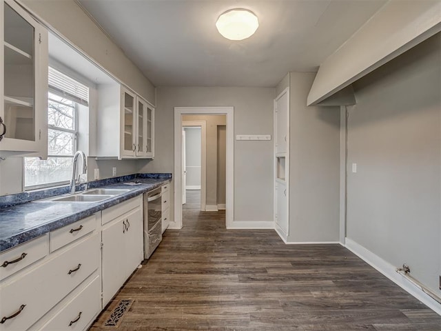 kitchen featuring sink, stainless steel dishwasher, white cabinets, and dark hardwood / wood-style floors