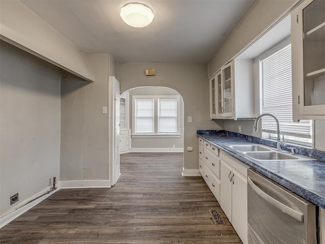 kitchen featuring white cabinetry, sink, stainless steel dishwasher, and dark hardwood / wood-style flooring