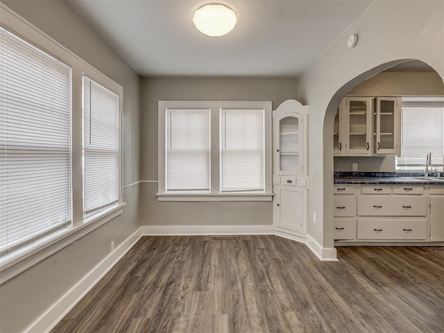 unfurnished dining area featuring dark hardwood / wood-style flooring and sink